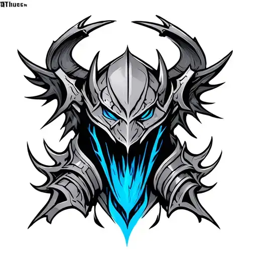 design a evil armor tattoo from the second knuckle to the shoulder. include the color blue. tattoo design idea