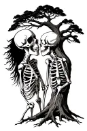 dead tree with 2 skeletons kissing in front tattoo design idea