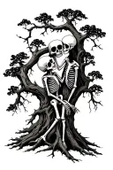 dead tree with 2 skeletons kissing in front tattoo design idea