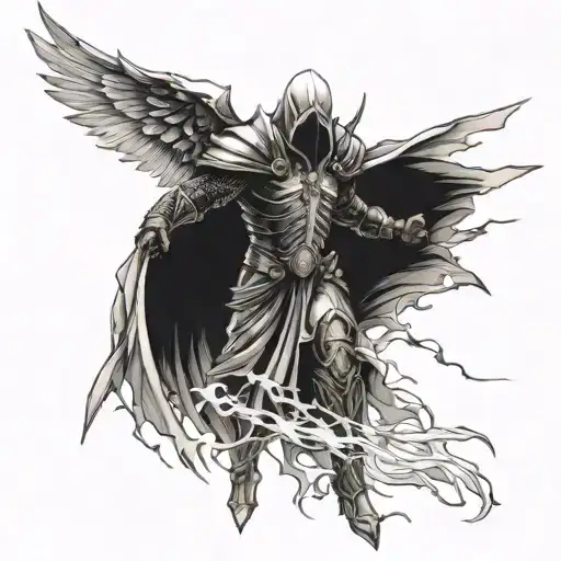 a dramatic and intense battle scene where Tyrael, the archangel of justice, stands as a radiant figure of divine power a tattoo design idea