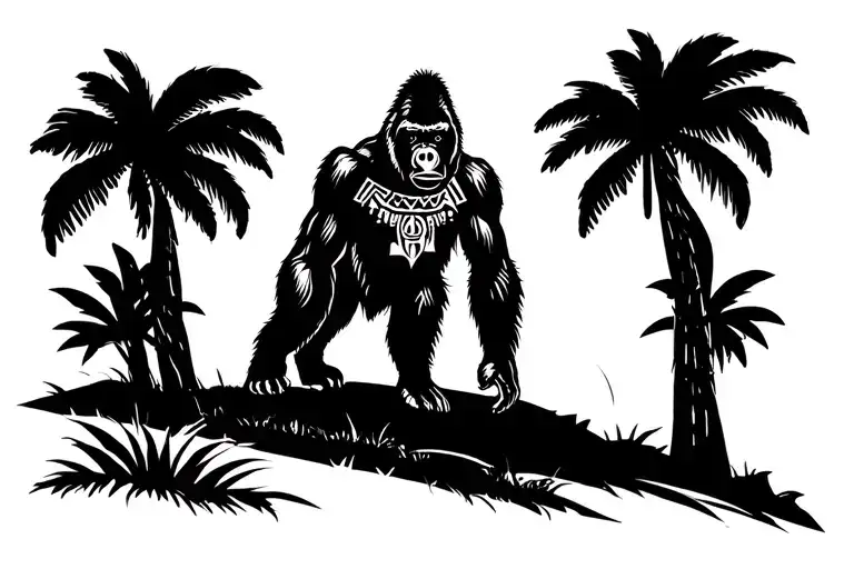 gorilla in African safari scene with the sun shining with African symbols on a chest  tattoo design idea