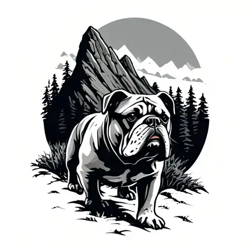 Bulldog in a graphic style descends along a narrow path, around the forest is alive and dead, behind a large rocky mountain with tattoo design idea