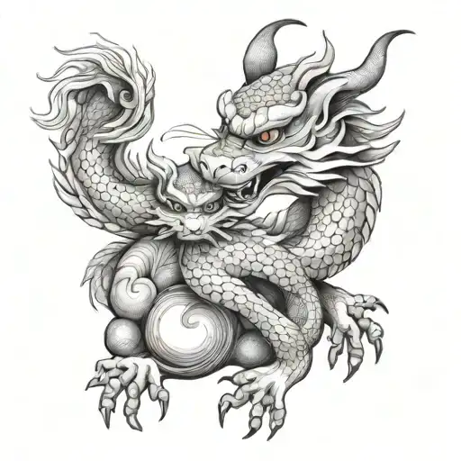 Chinese dragon hugging a puppy, a monkey and two rabbits tattoo design idea