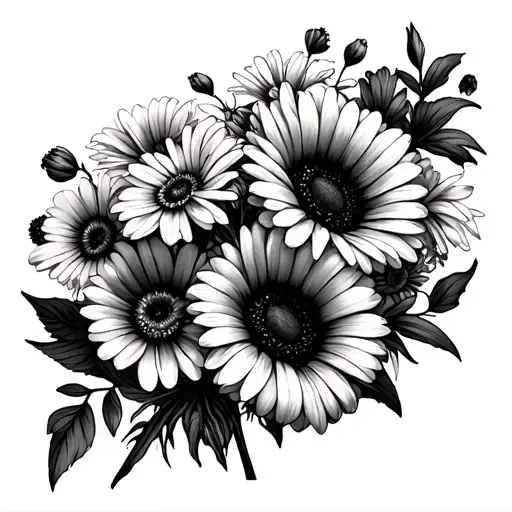 Sweet Pea, diasy and gerbera bouquet tied tattoo design idea
