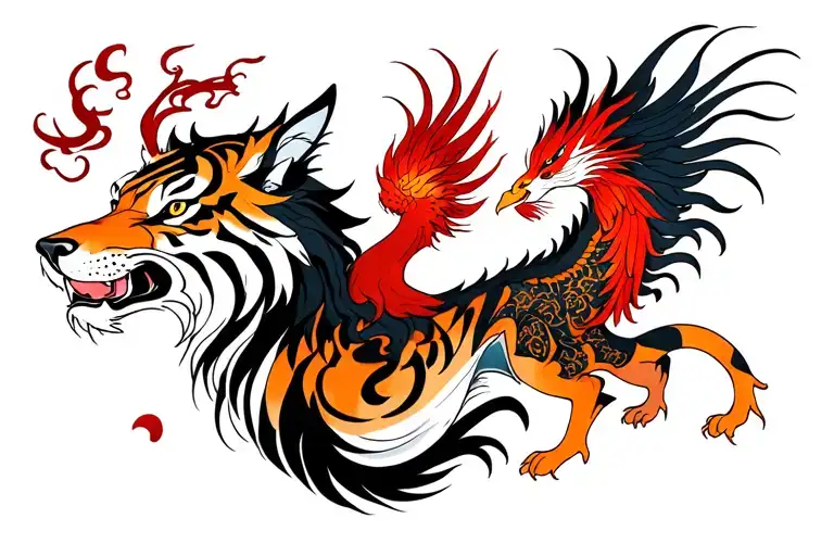 wolf tiger and Phoenix rising tattoo design idea