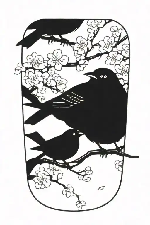 three small filled in black birds silhouetted against a horizontal cherry tree branch with blossoms.  tattoo design idea