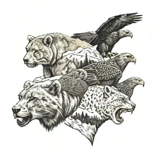 collage a brown bear, mountain lion, bald eagle, golden eagle, brook trout, brown trout, rainbow trout, golden trout tattoo design idea