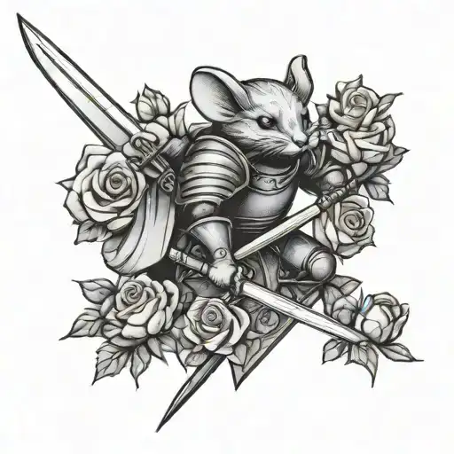 mouse Knight with sword surrounded by roses  tattoo design idea