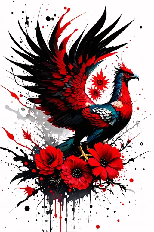 phoenix with flowers and abstract lines tattoo design idea