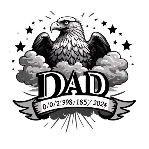 "Dad 01/02/1958-18/09/2024" eagle stars shining clouds tattoo design idea