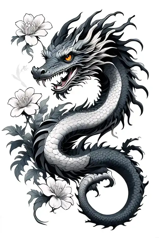 japanese medieval flower water dragon tattoo design idea