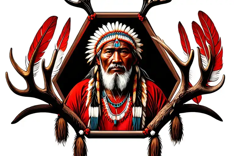 Indian shaman with three feathers in an octagon incorporates caribou antlers at the bottom of the image in red color tattoo design idea