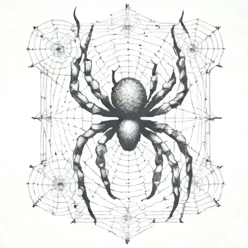 An abstract representation of a spider intertwined with cybersigilism symbols on a fence tattoo design idea