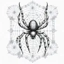 An abstract representation of a spider intertwined with cybersigilism symbols on a fence tattoo design idea