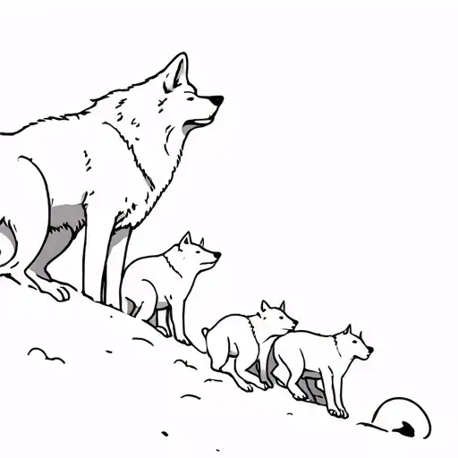 mother wolf watching three wolf pups playing tattoo design idea
