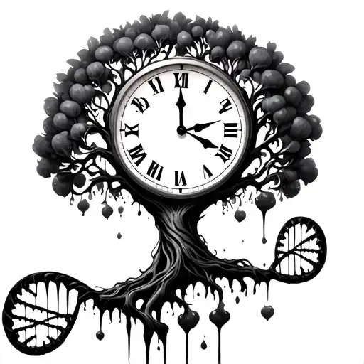 time melting clock with dna family tree hour and minute hands tattoo design idea