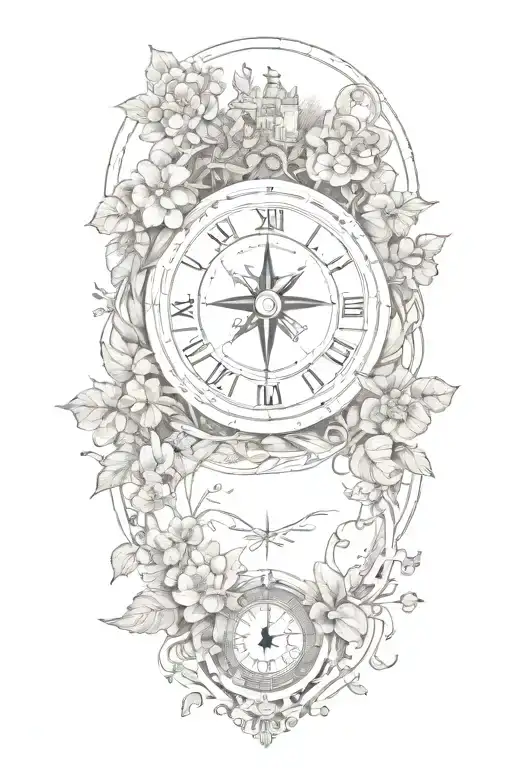 tattoo featuring roman landscape, compass, globe surrounded by flowers and vines tattoo design idea