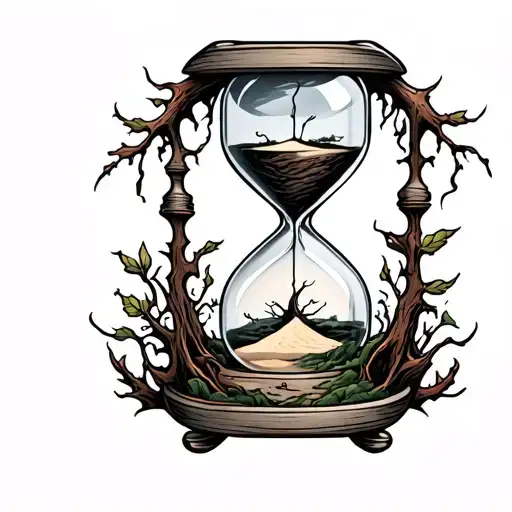 quad tattoo hourglass with dead tree on bottom with the dead leaves making the sand in the bottom tattoo design idea