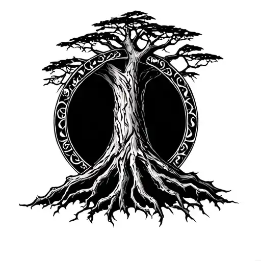 tree of Gondor mixed with Elden ring erdtree symbol fine line detail tattoo design idea
