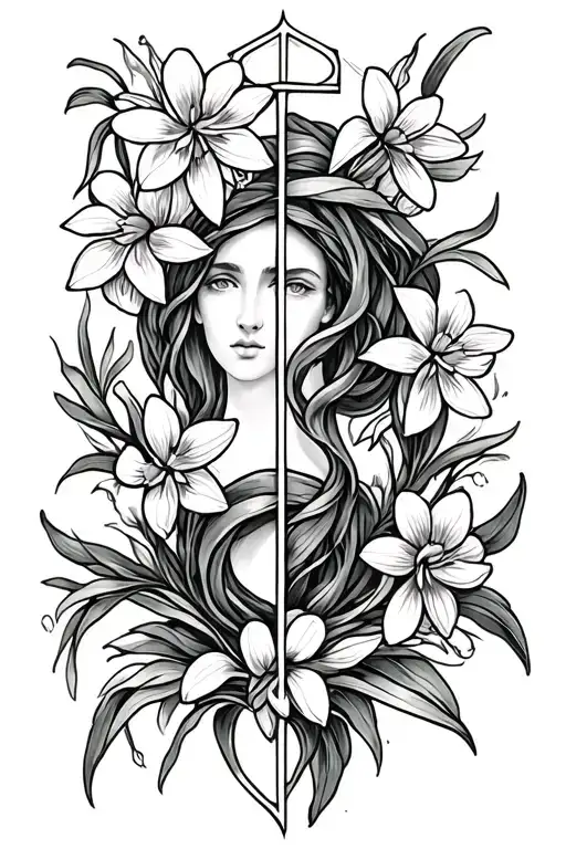 circe astrology symbol incorporated with snowdrop flowers tattoo design idea
