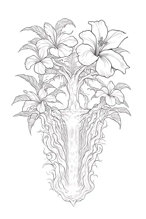 banyan tree and hibiscus flower with hawaiin waterfall tattoo design idea