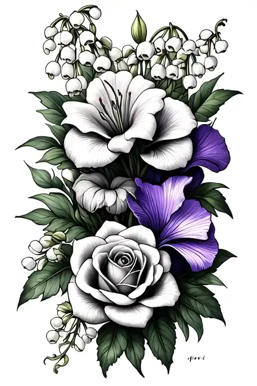 I want a tattoo  can it have the lily of the valley, a rose, a honeysuckle, violet and iris in a fine line bouquet tattoo design idea
