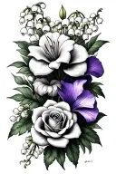 I want a tattoo  can it have the lily of the valley, a rose, a honeysuckle, violet and iris in a fine line bouquet tattoo design idea