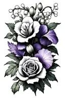 I want a tattoo  can it have the lily of the valley, a rose, a honeysuckle, violet and iris in a fine line bouquet tattoo design idea