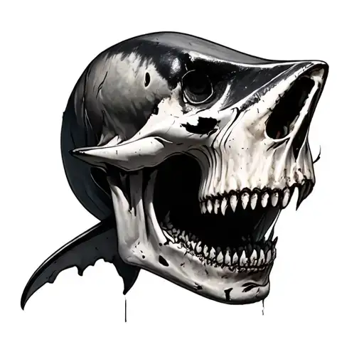 realistic decaying human skull with great white shark tattoo design idea
