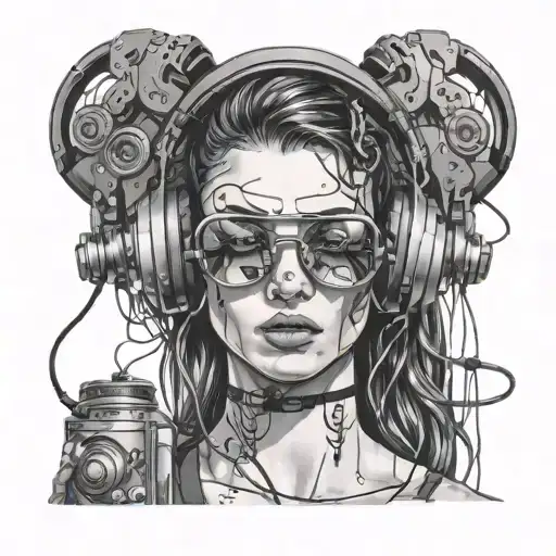 cyberpunk woman tattoos headphones rave music cables sexy sunglasses tattoo design idea