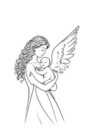 curly hair mom holding baby angel tattoo design idea