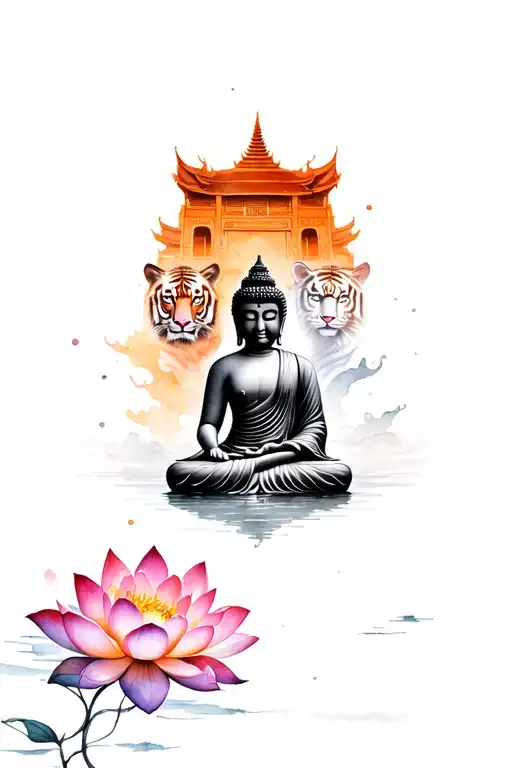 Buddha mediation on lotus flower. black and white with water colour flower. Chinese temple and tiger surrounding  tattoo design idea