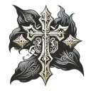 Gothic cross tattoo sketch, sharp lines, Valkyrie style tattoo design idea