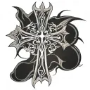 Gothic cross tattoo sketch, sharp lines, Valkyrie style tattoo design idea