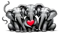 3 elephants, mom and dad elepehant sitting down and a baby elephant in the middle with a heart  tattoo design idea