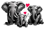 3 elephants, mom and dad elepehant sitting down and a baby elephant in the middle with a heart  tattoo design idea
