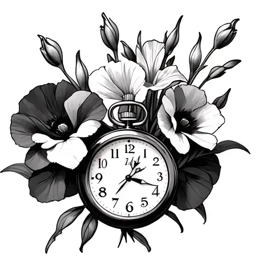 gladiolus and poppy bouquet with broken stop watch with 8.14 time tattoo design idea