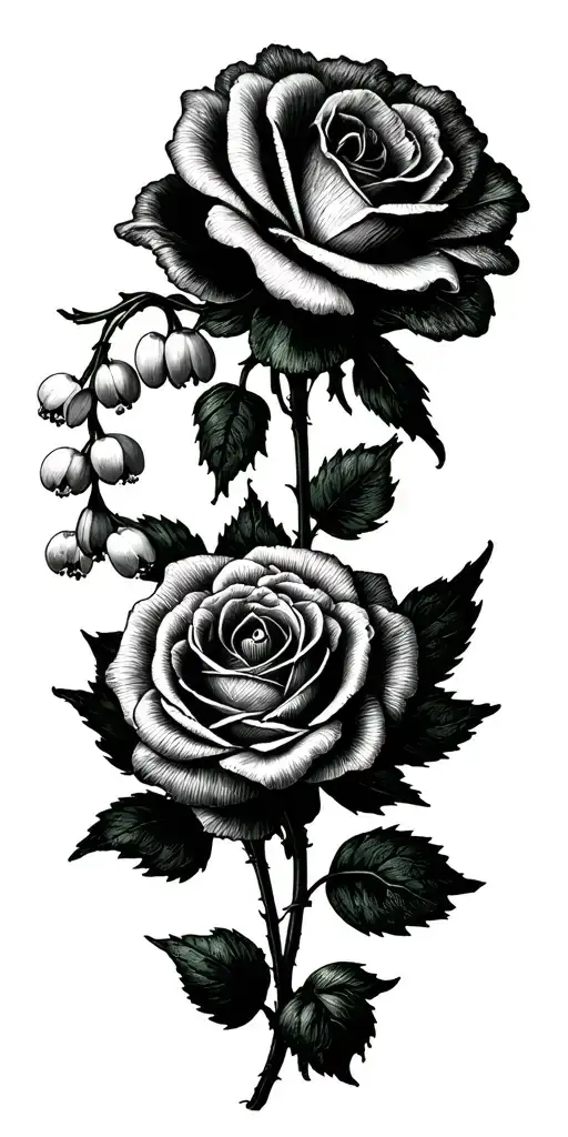 roses, carnation, lilly of the valley and larkspur flowers tattoo design idea