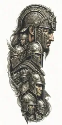 faces  roman solider, samurai , and a knight tattoo design idea