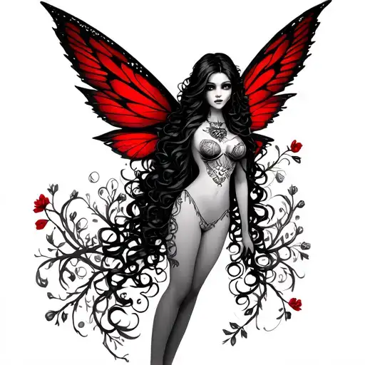 elegant goth mystical fairy with long black wavy hair, crimson wings and tiny flowers with Celtic vines tattoo design idea