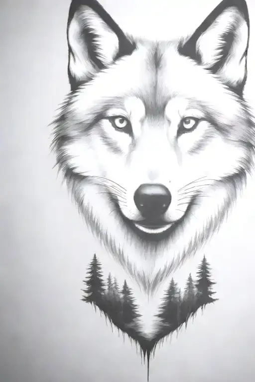 wolf cub, moon, forest, river, adult wolf, smoke rising tattoo design idea