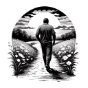 man walking from behind on a path with flowers, with sunrise in the distance tattoo design idea