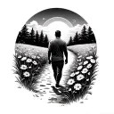 man walking from behind on a path with flowers, with sunrise in the distance tattoo design idea