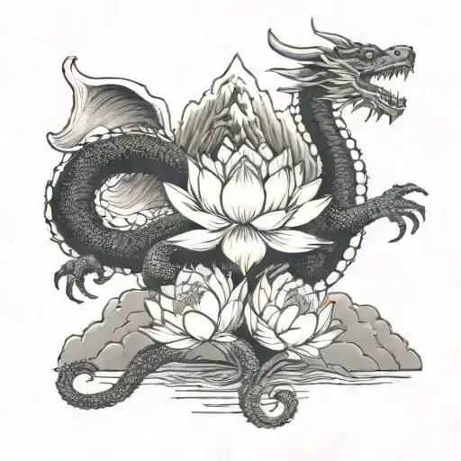 A lotus flower blooming at the peak of a mountain, with a dragon coiled around it tattoo design idea