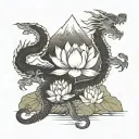 A lotus flower blooming at the peak of a mountain, with a dragon coiled around it tattoo design idea