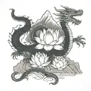 A lotus flower blooming at the peak of a mountain, with a dragon coiled around it tattoo design idea