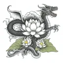 A lotus flower blooming at the peak of a mountain, with a dragon coiled around it tattoo design idea