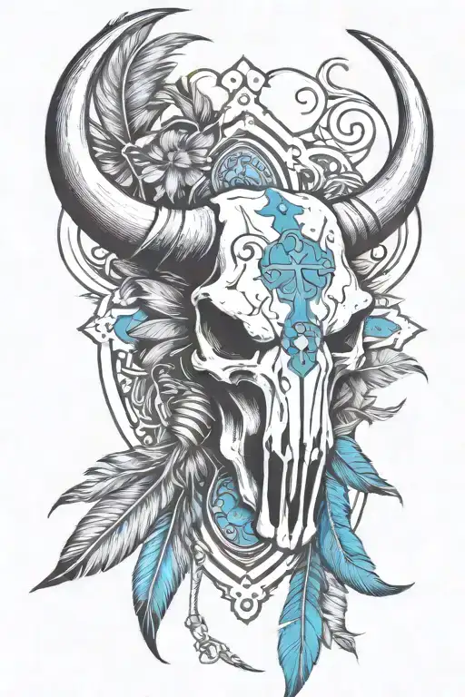 cross, bull skull, feathers, turquoise stones, bull tag tattoo design idea