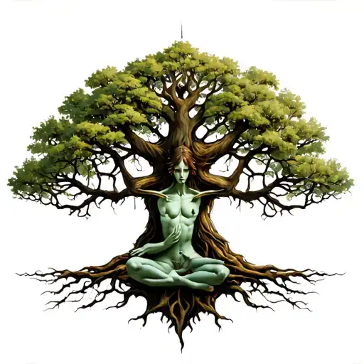 In the middle: A mighty tree (a mix of oak and Yggdrasil).	• Left: Cernunnos in lotus position or squatting, tattoo design idea