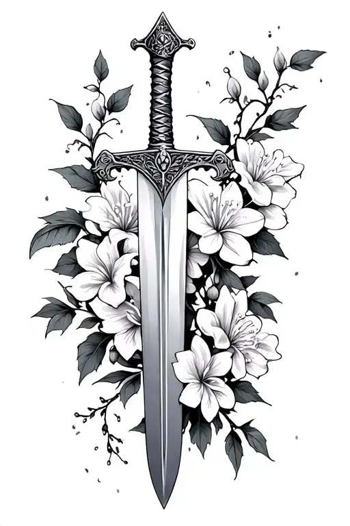 loys of oleander flowers and lots of vines weaving up the arm dangling a small claymore sword. no filler tattoo design idea
